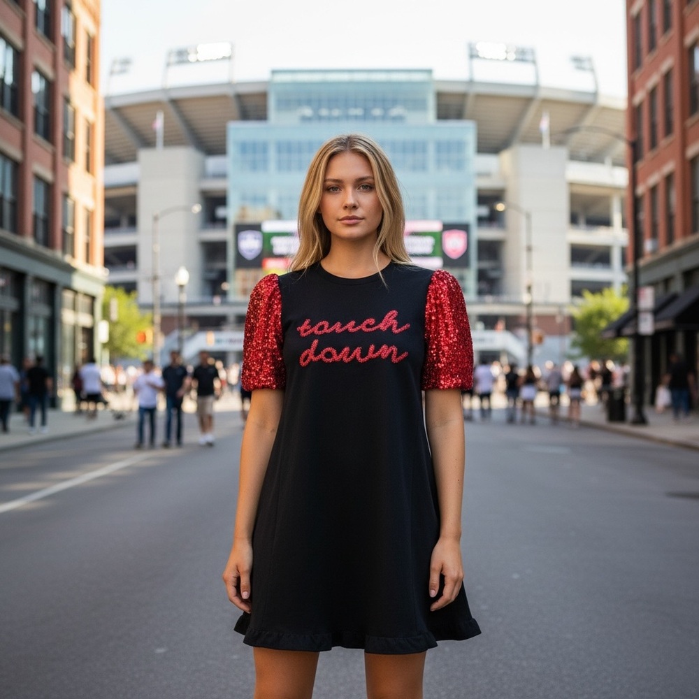 NEW Umgee Red Touch Down Tinsel Curvsive Football Game Day Black Mini Dress S